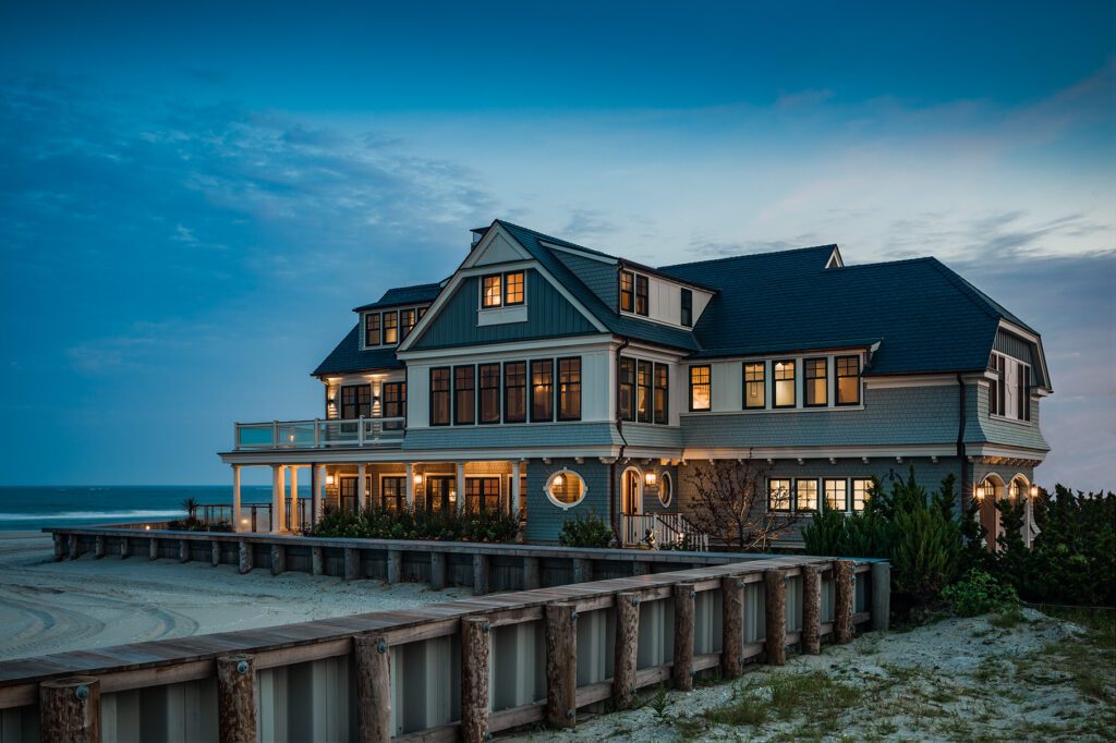 Oceanfront Elevation with Gabled Forms and Deep Overhangs